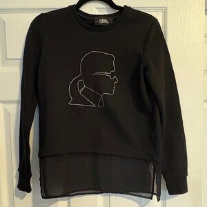 KARL LAGERFELD Rhinestone Logo Sweatshirt Chiffon Hem Black Fleece Pullover S